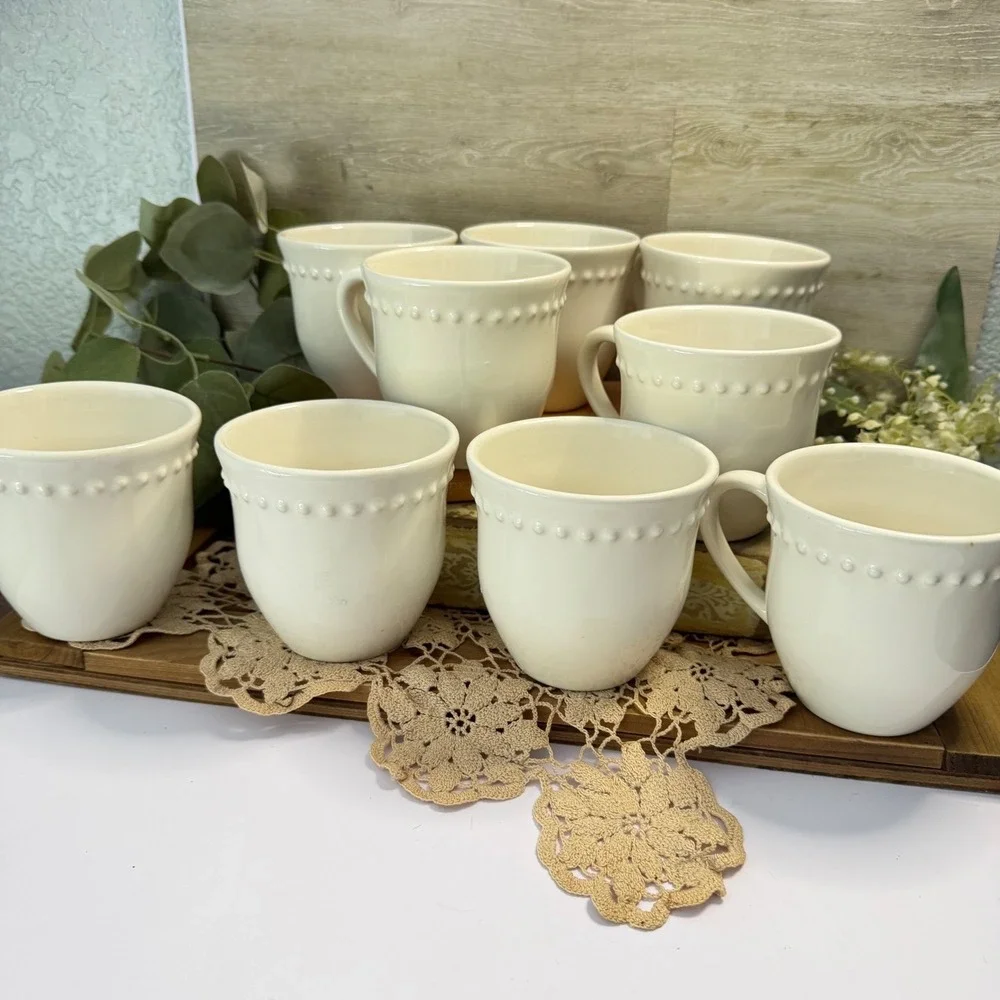 Pottery Barn Emma Off White Beaded Rim Coffee Mugs Set of 4 Made in Portugal